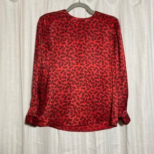 Kasper for ASL Red Black Geometric Print Long Sleeve Blouse Petite 6 Retro 80s